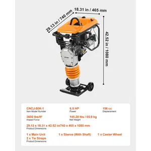VEVOR Jumping Jack Compactor, 6.5 HP Vibratory Rammer Fuel-Powered 196 cc Engine Tamper, 3600 lbs Impact Force, 26 Max Compaction Depth, for Soil, Gravel, Footings, Concrete Slabs, and Foundations