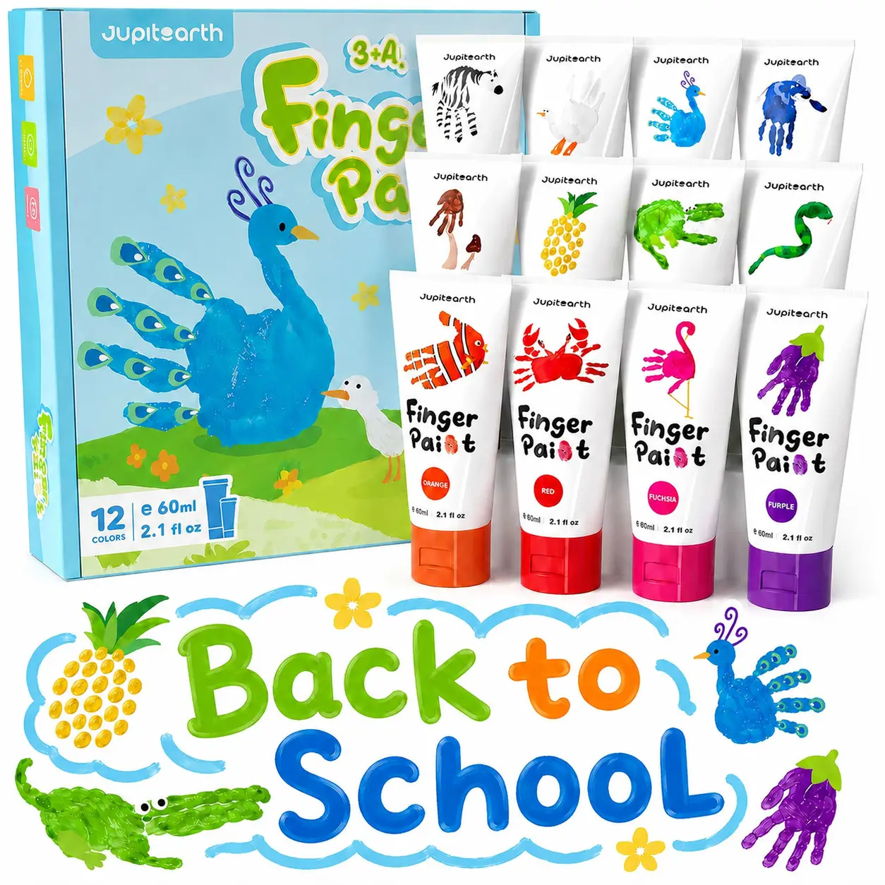 JUPITEARTH 28 PCS Finger Paint, Washable Paint for Todllers 1-3, Non-Toxic 12 Vibrant Colors (2.1fl oz/60ml ) , Palette, Apron, Brush, Eye Stickers, Baby Safe Paints for Hand and Feet, Safe Preschool Art Supplies for Kids