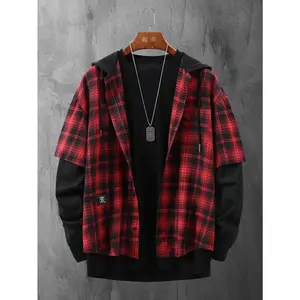 New Men's Korean-Style Hooded Plaid Top with Pockets Button-Up Cardigan Long Sleeves Spring Fall Knit Fabric Polyester Sweatshirts Checked Red YV 1064766 Menswear Casual