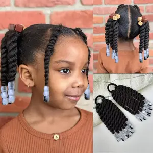 Kids Ponytail Extension With Beads 6inch 2 Pieces Two-Strand Twists Hairstyles for Kiddies Protective Braided Hairstyles for Black Girls(White)