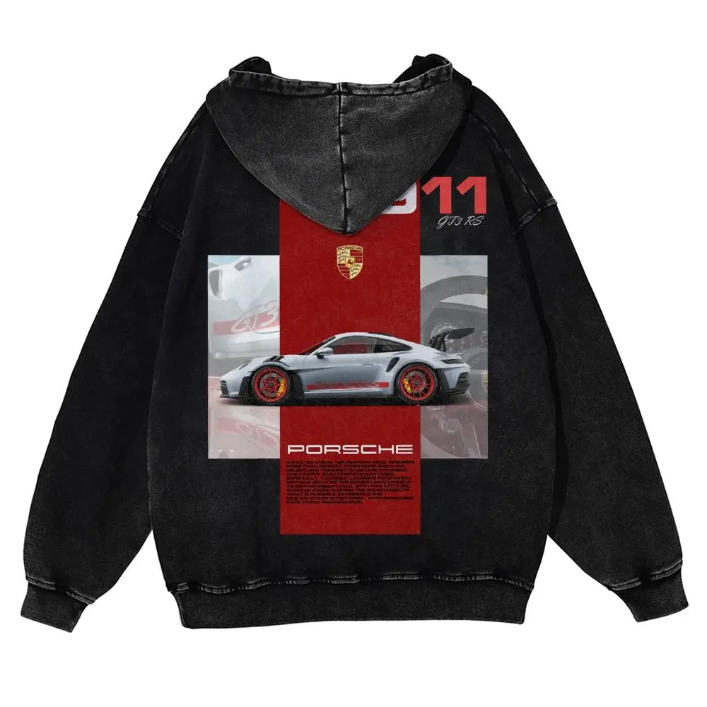 Vintage Car Graphic Hoodie, Unisex Heavyweight Washed Cotton Pullover, Retro Streetwear Sweatshirt, Super Soft, Sweatshirts, Thick, Streetwear Clothing