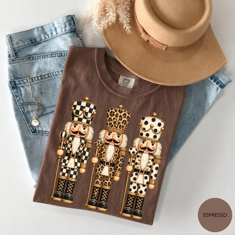 Comfort Colors Neutral Nutcracker Shirt, Preppy Christmas Nutcracker Shirt, Leopard Checkered Polka Dot Holiday, Neutral Christmas
