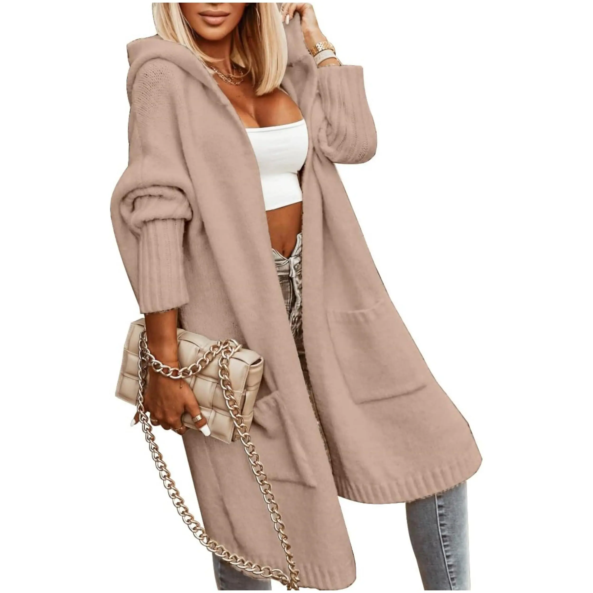 Womens Long Cardigans Cable Knitted Open Front Oversized Hooded Outerwear Sweater Coat