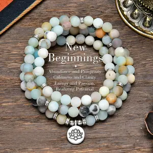 8mm Amazonite 108 Mala LongBeaded Wrap Crystal Bracelets GenuineGemstone Mala Prayer Beads Lotus BuddhaCharm Yoga Beads Necklace Meditation IdealGift Jewelry for Men and Women, Elegant withLotus Pendant, Ramadan.Long Chain, Sweaterchain,