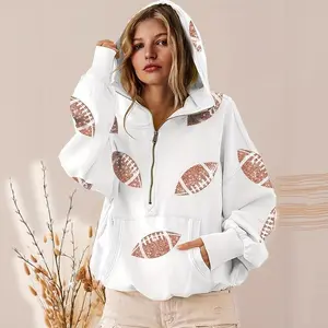 Women’s football game day sequin hoodie tailgate apparel long-sleeve zip-up sweater with pockets women’s sweatshirts