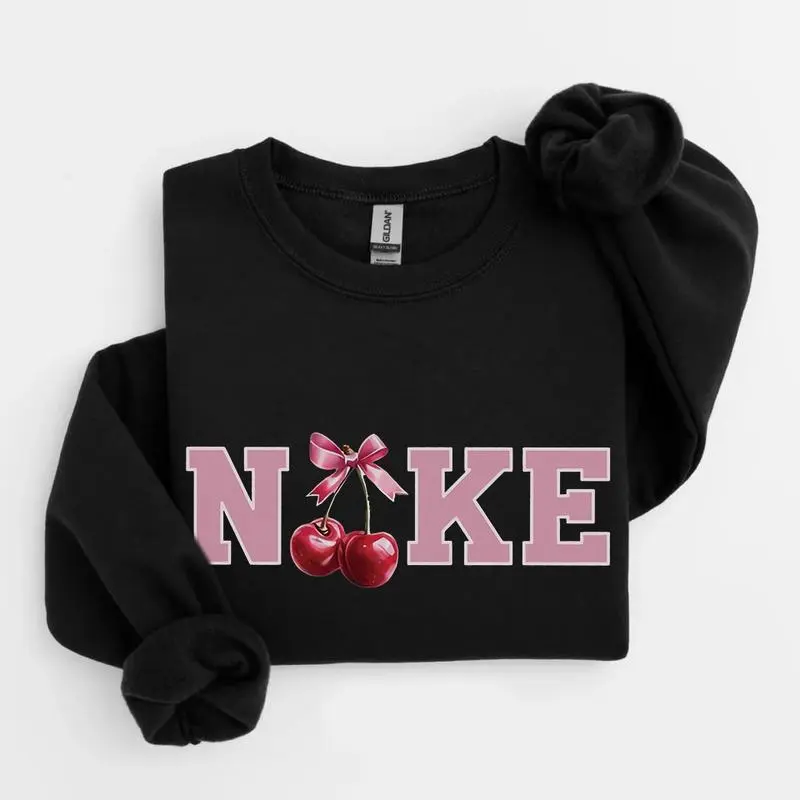 Women's Pink Cherry Bow Vintage Cotton Pullover Sweater - Everyday, Smooth, Lightweight, Stylish Classic Fit, High-Quality Graphic T-Shirt-Inspired Womenswear Top, Ideal Birthday Gift