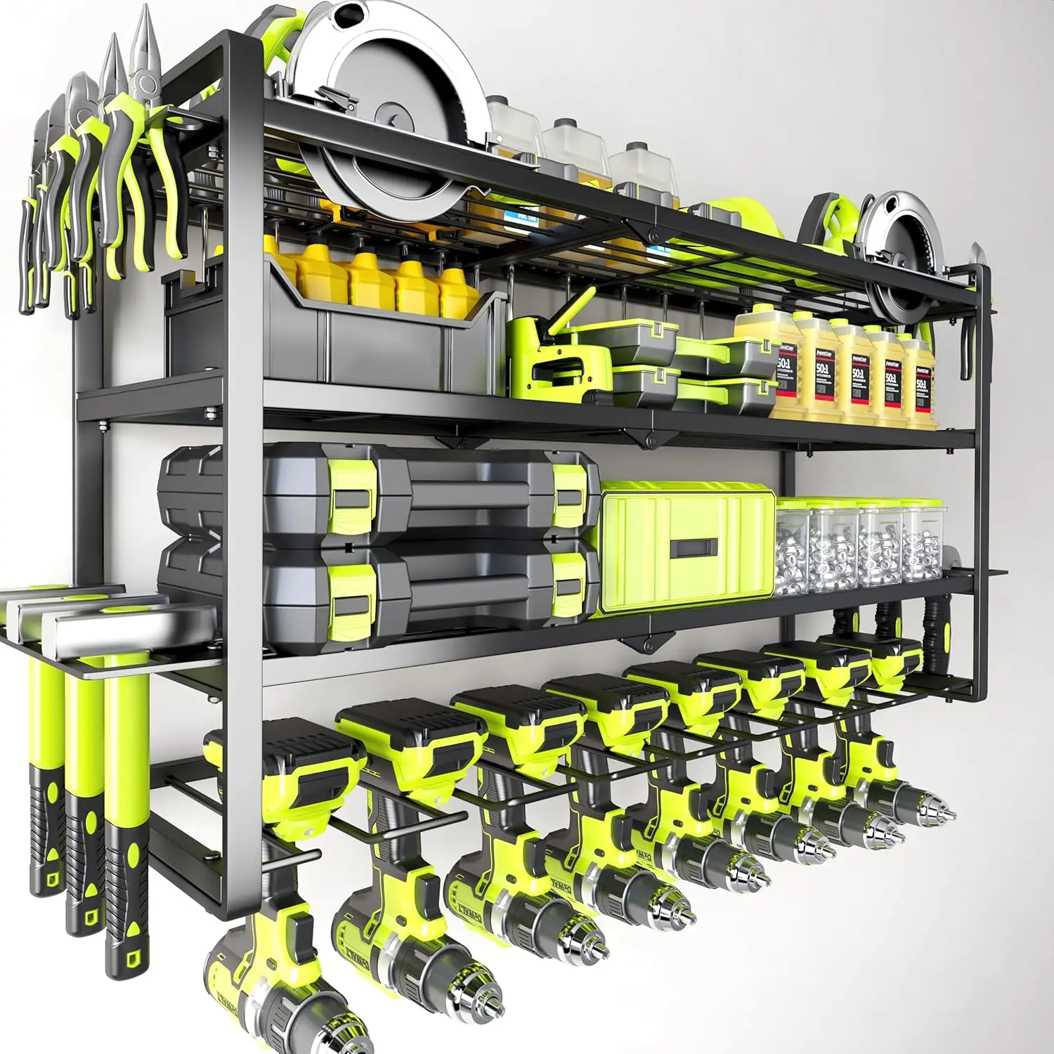 Large Electric Tool Storage Box Wall-Mounted, Garage Storage with Screwdriver Holder Cordless Tool Storage Box, Heavy-Duty Metal Storage Rack with 8 Drill Holders and 4 Tiers, Gift for Men Who Have Everything