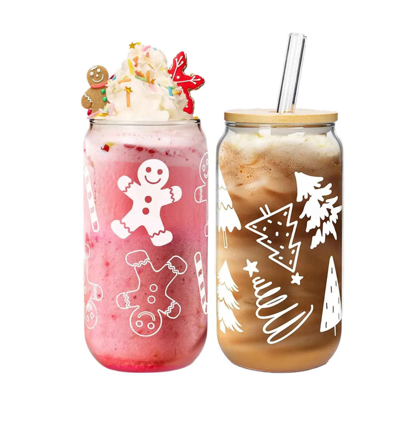 18oz Gingerbread Man & Christmas Tree Glass Cups Set with Lids & Straws. Perfect Holiday Gift