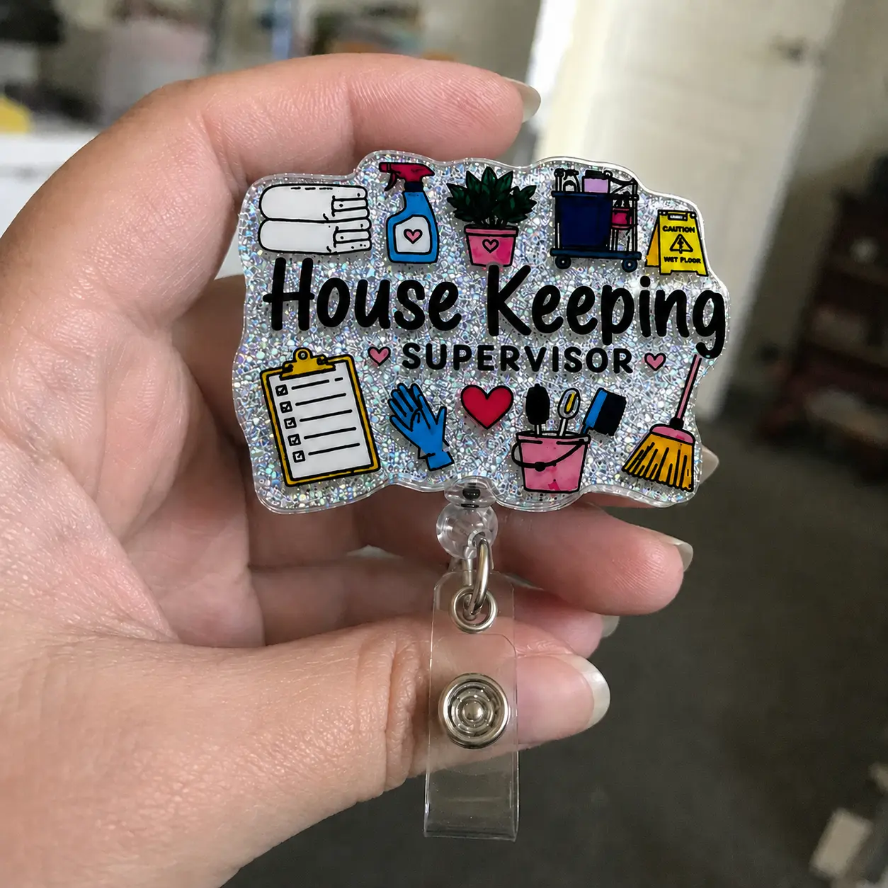 Retractable Badge Holder for Housekeeping Supervisors, Cute Glitter Acrylic ID Card Reel with Clip, EVS Staff Gift with Job Title Print, Id Cards