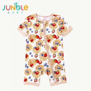 JUNBLEBABY Unisex Bamboo Fiber Casual Bodysuit - Baby Clothing, Bamboo Toddler Outfit, Short-Sleeved 1-Piece Play Suit with Double Zipper, Breathable Fabric, Playful Strawberry Waffle Cake Print,summervibes