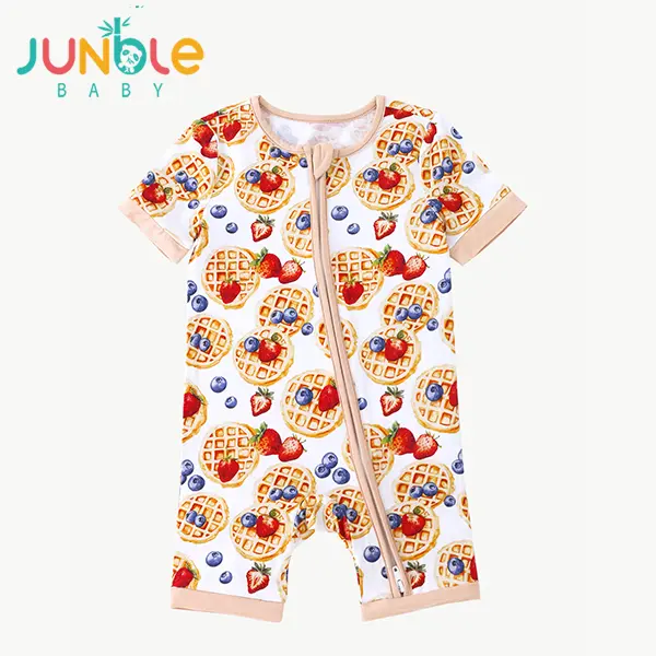JUNBLEBABY Double-Zipper Bamboo Romper - Short Sleeve, Soft Breathable Waffle Strawberry Print Jumpsuit, Baby Clothes Girl, Bamboo Toddler Outfit for 3-24 Months