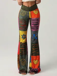 1 Pair of Vintage Flare Pants, Artistic Patchwork Hearts Print & High-Waist Design, Soft Knit for Music Festivals & Summer Days