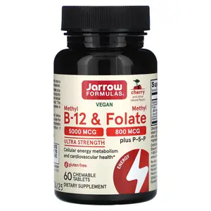 Jarrow Formulas Vegan Methyl B-12 & Methyl Folate, Ultra Strength, Cherry, 60 Chewable Tablets