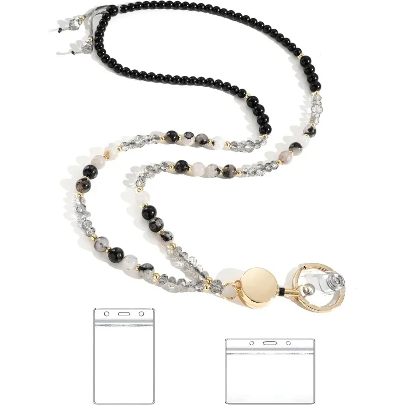 ID Badge Holder Lanyard for Women, Elegant Style Natural Stone Beaded Keychain with Crystal Accents - Retractable Double Strand for Any Occasion, Daily