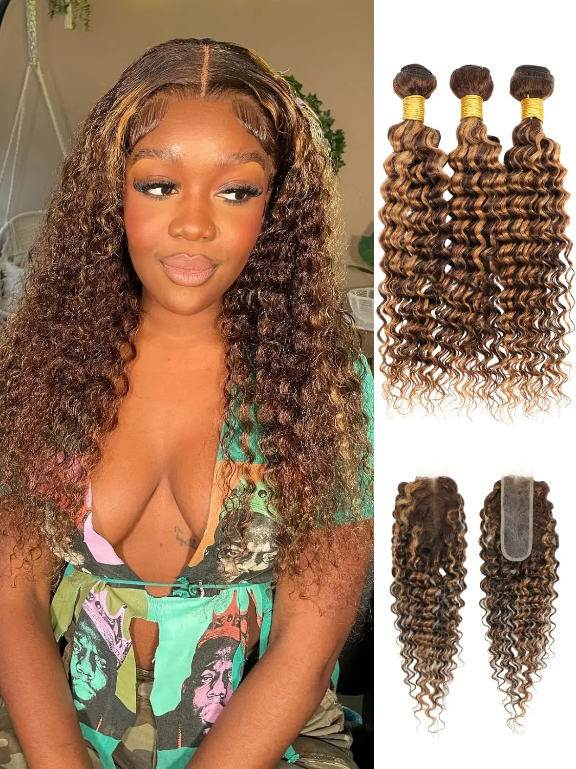 ALHER 12A Honey Blonde Highlight 2x6/4x4 HD Lace Closure with 3 Bundles Deep Wave Human Hair P4/27 Ombre Brown Curly Hair Bundles with 13x4 HD Lace Frontal (3 Bundles with 2x6/4x4 Closure,3 Bundles with 13x4 Frontal,Optional）