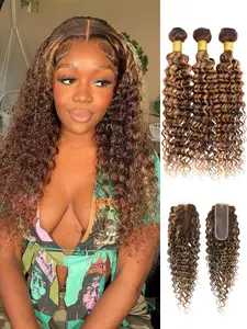 ALHER 12A Honey Blonde Highlight 2x6/4x4 HD Lace Closure with 3 Bundles Deep Wave Human Hair P4/27 Ombre Brown Curly Hair Bundles with 13x4 HD Lace Frontal (1/3 Bundles,Closure/Frontal,3 Bundles with 2x6/4x4 Closure,3 Bundles with 13x4 Frontal,Optional）