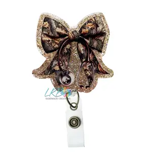 Camo Stethoscope Bow Badge Reel – Handmade Retractable ID Holder, Camouflage Badge Clip, Office Nurse Teacher Staff Lanyard Accessory, Gift for Coworkers