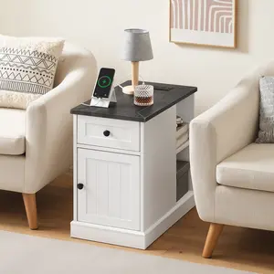 HOOBRO End Table with Charging Station, Side Table with Outlets and USB Ports, Bedside Table with Drawer and Cabinet, Nightstand with Storage, Farmhouse Style, for Living Room, Bedroom, Study, Office, White and Charcoal Gray #SummerVibes