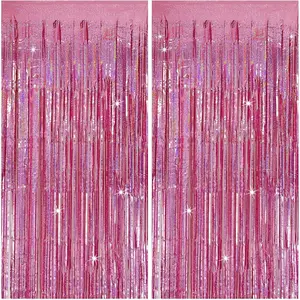 2 Packs Pink Glitter Foil Fringe Tinsel Curtain Streamers Photo Booth Decorations for Birthday Christmas Wedding Halloween Graduation Party