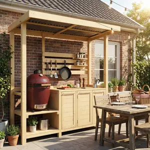 UFU&GAGA Outdoor Kitchen Prep Station with Roof, Wooden BBQ Grill Table with Storage Cabinet & Hooks, 81" Patio Bar Cart
