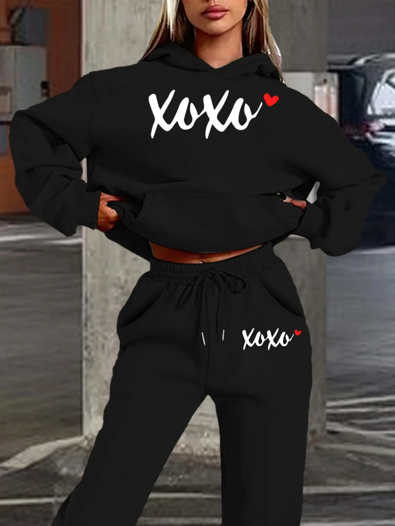 Women's Hooded Sweatshirt Set, Fall Winter Warm, Xoxo Heart Print, Casual Street Style, Fitted Jogger Pants, Sweet Cool Fashion