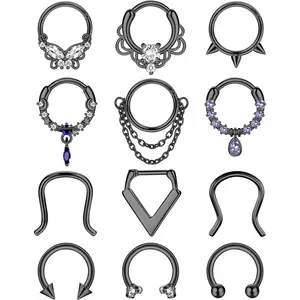 YADOCA 12Pcs 16G Surgical Steel Dangle Septum Piercing Jewelry for Women: Septum Clicker Nose Rings Hoop CZ Horseshoe Cartilage Helix Tragus Daith Piercing Jewelry 10MM
