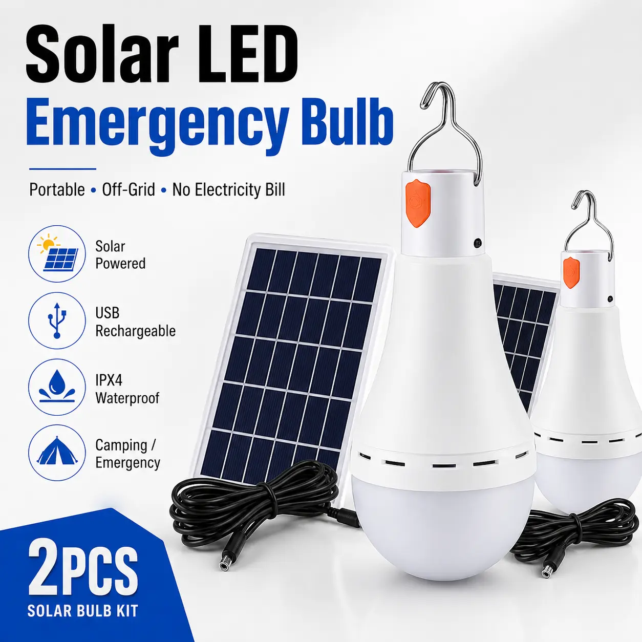 12W Solar Rechargeable LED Light Bulb - Dual Charge Solar Lantern Outdoor with 3 Lighting Modes, Emergency Mode, Portable Hang Feature, Power Outage Backup for Tent, Garage