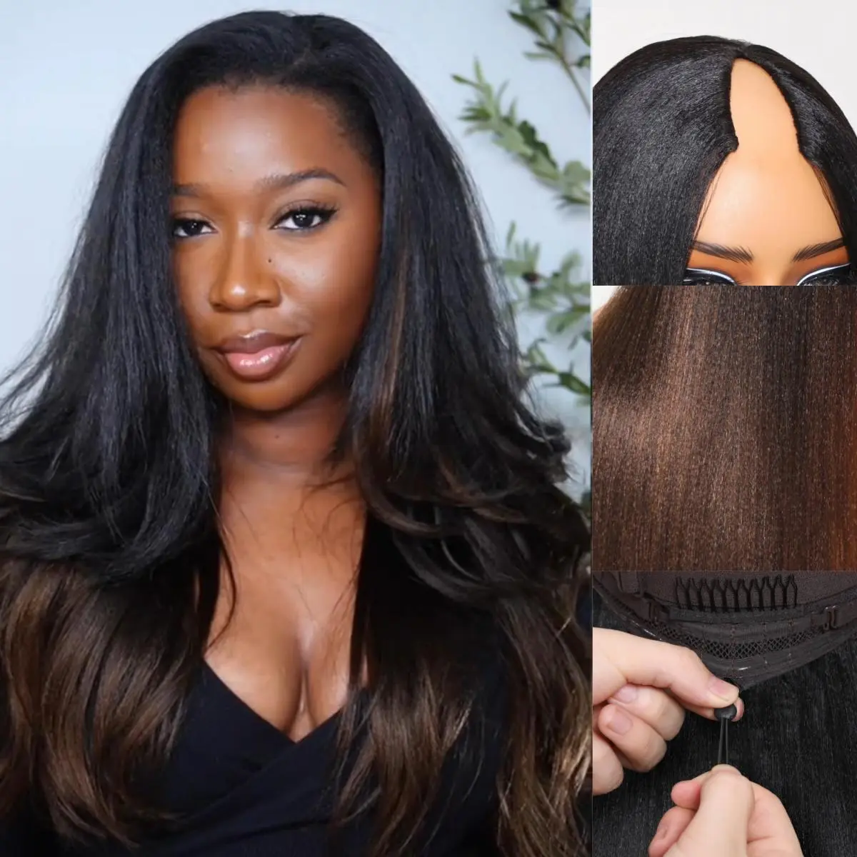 UNICE Human Natural Hair Yaki Straight V-Part Glueless Wig - Ombre Chestnut Brown, No Leave Out Design for Beginners, Adjustable Drawstring Full Machine Wig, Wigs
