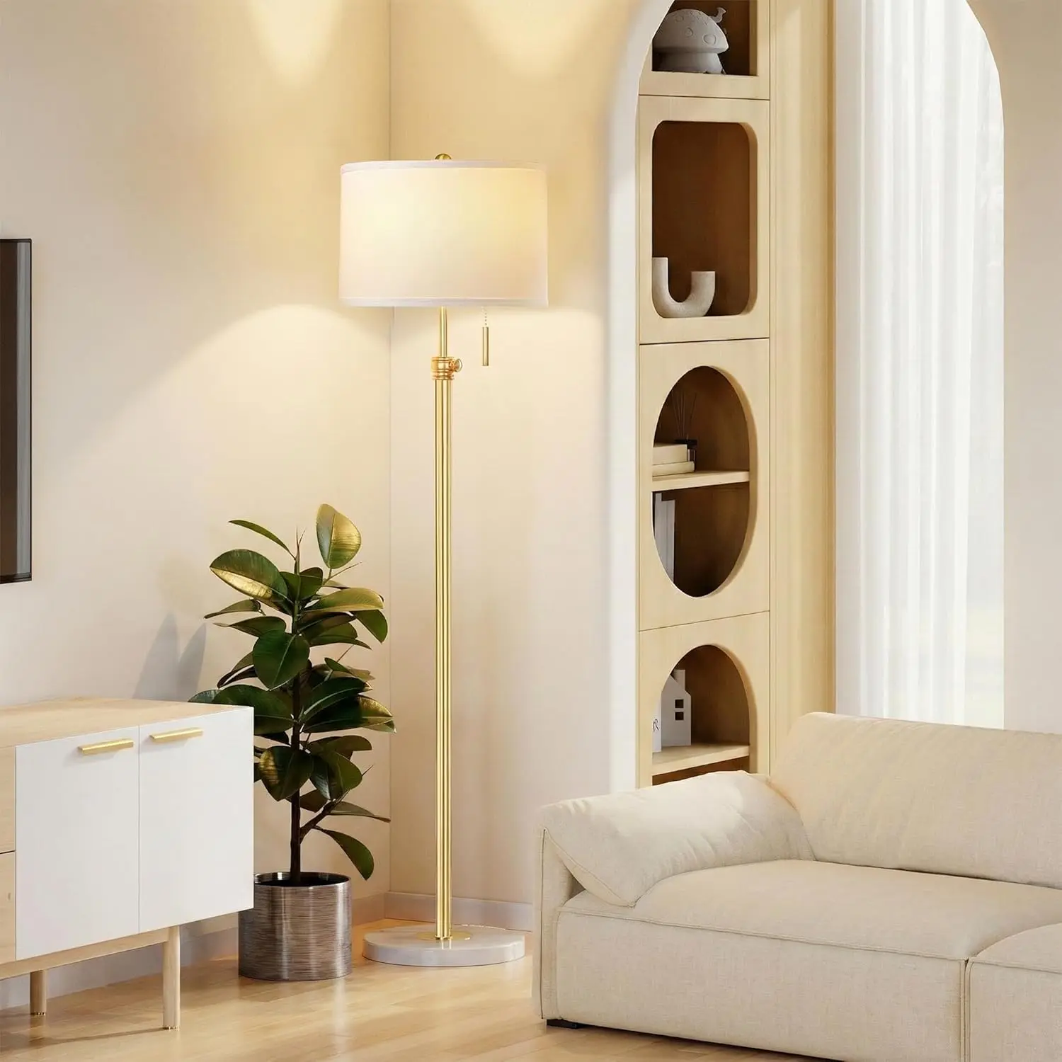 Floor Lamp for Living Room, 66'' Adjustable Height Standing Lamp with Marble Base, 3-Color Tall Lamps with Pull Chain, Suitable for Bedroom, Reading, Office (Bulb Included, White Shade)