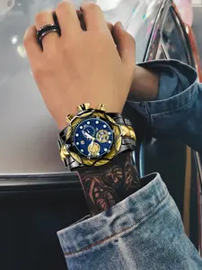 Cyberpunk Style Quartz Watch, Large Round Face, Mineral Glass Dial, Sporty Fashion Design, Night Glow, Gift Box Included, Quartz Analog Watch