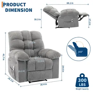 Recliner Chair,  Massage and Heat,Heat Ergonomic Overstuffed Breathable Fabric Reclining Chair with 2 Side Pockets,Remote Control,Living Room,Bedroom,Grey