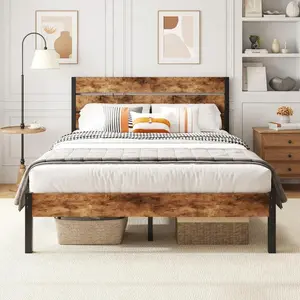 Twin & Full & Queen Bed Frame With Headboard And Footboard , 12.2in Under Bed Storage, All-Metal Support System, No Box Spring Needed,Noise Free, Easy Assembly,Retro Brown