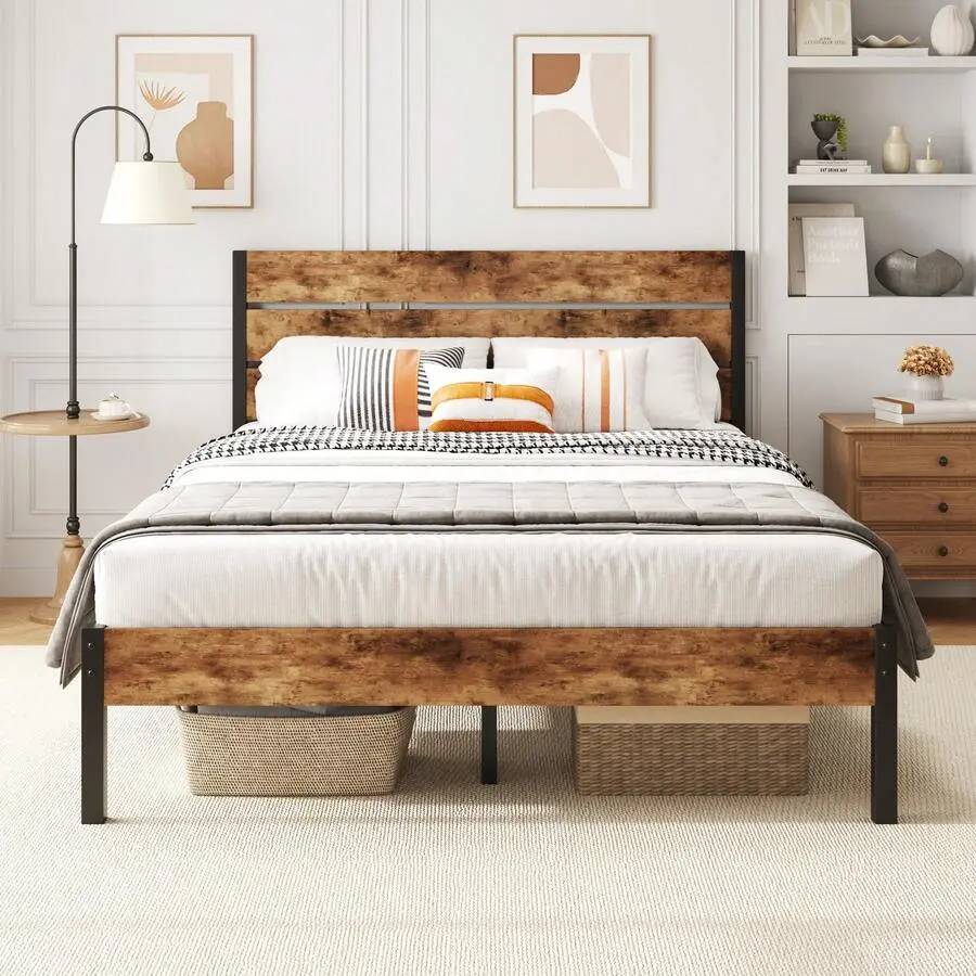 Retro Brown Industrial Metal Bed Frame - Twin, Full, Queen Sizes with Headboard & Footboard, 12.2in Under Bed Storage, All-Metal Support, No Box Spring Needed, Noise-Free, Easy Assembly Required, Queen Bed Frame, Twin Bed Frame