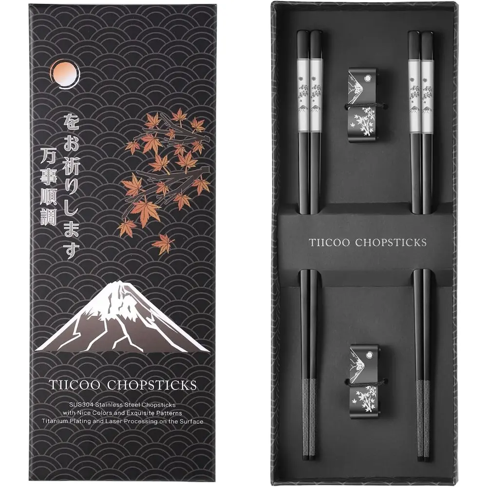 Engraved Stainless Steel Chopsticks Set - 2 Pairs Adult-Focused 304 Stainless Steel Silver Cutlery, Titanium-Plated Japanese Style, Laser Engraved, Lightweight, Non-Slip Grip, Dishwasher Safe, Elegant Black Gift Box for Christmas, Birthdays