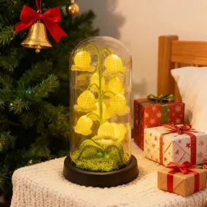 Flower Lamp Lily of The Valley Night Light DIY Handmade Decorations Lamps with Exterior Acrylic Simulated Glass Dome Battery Powered Flower Table Lamp Gifts for Birthday Girlfriend Mom Women Her Wife Sister Girls