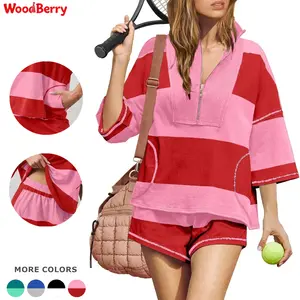 WoodBerry Women's Two Piece Workout Set Striped Short Sleeve Oversized Shirts Wide Leg Shorts Sets Summer Lounge 2 Piece Tracksuit with Pockets Tennis Sport Outfits for Daily,summervibes