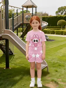 Pink Star Bunny Cute Set Digital Printing Set, a sweet and lovely casual summer set outfit, suitable for daily and outdoor sports as a T-shirt and shorts set, a perfect gift for girls