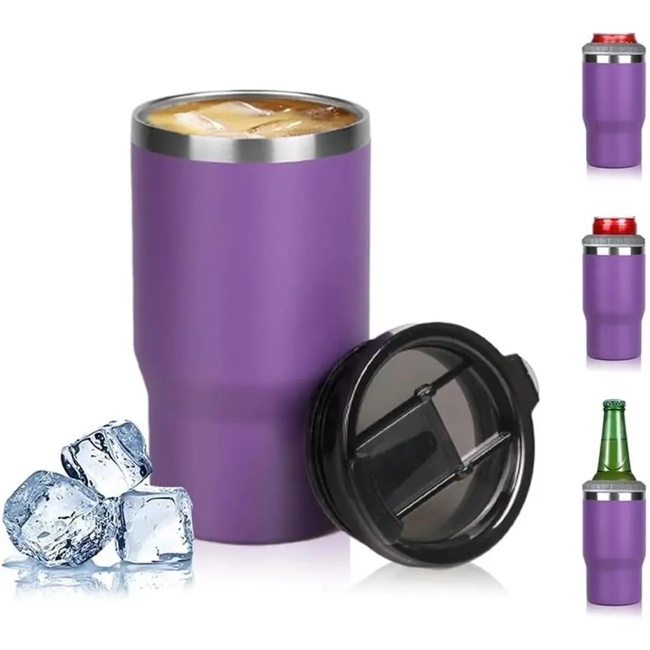 14oz 4 in 1 Stainless Steel Can Cooler Beer Bottle Insulator With 2 Lids for 12oz can&bottle, Double walled insulated Thermocooler &Travel Mug Holder Keeping Your Bevearge Cold (Purple)