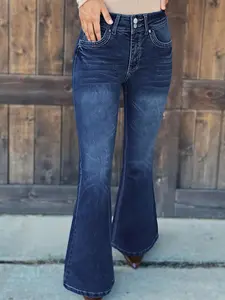 Women's Mid-Rise Stretchy Slim Fit Button-Fly Pocket Flared Jeans, Retro Bootcut Trousers