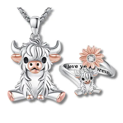 DRINSPER Crafted Skin-Safe 925 Sterling Silver 2-Piece Cute Highland Cow Jewelry Set - Unisex Casual Pendant Necklace, Open Ring, 12-Month Quality Assurance