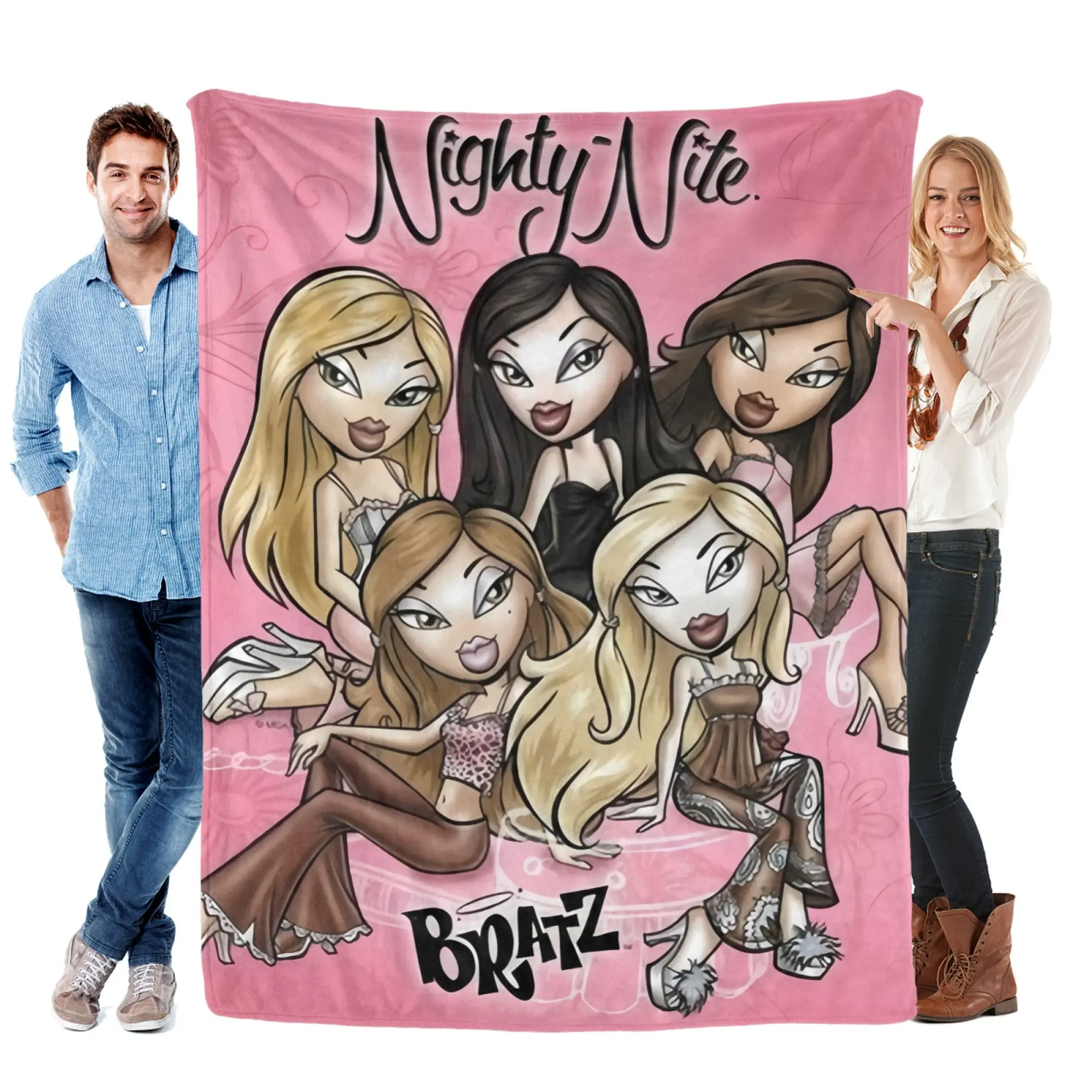Bratz Nighty Nite 5 Girls Group Portrait Flannel Throw Blanket Pink Background Y2K Vintage Cartoon Ultra Soft Cozy Fleece Blanket, Teen Girl Bedroom Dorm Decor, Cute Birthday Christmas Gift For Bratz Doll Fans