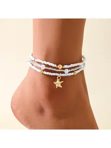 Boho Chic Women Foot Chain Set with Starfish Charms Pearl Beads Adjustable Anklet for Beach Vacation Summer Outfit Stylish Minimalist Jewelry Accessory