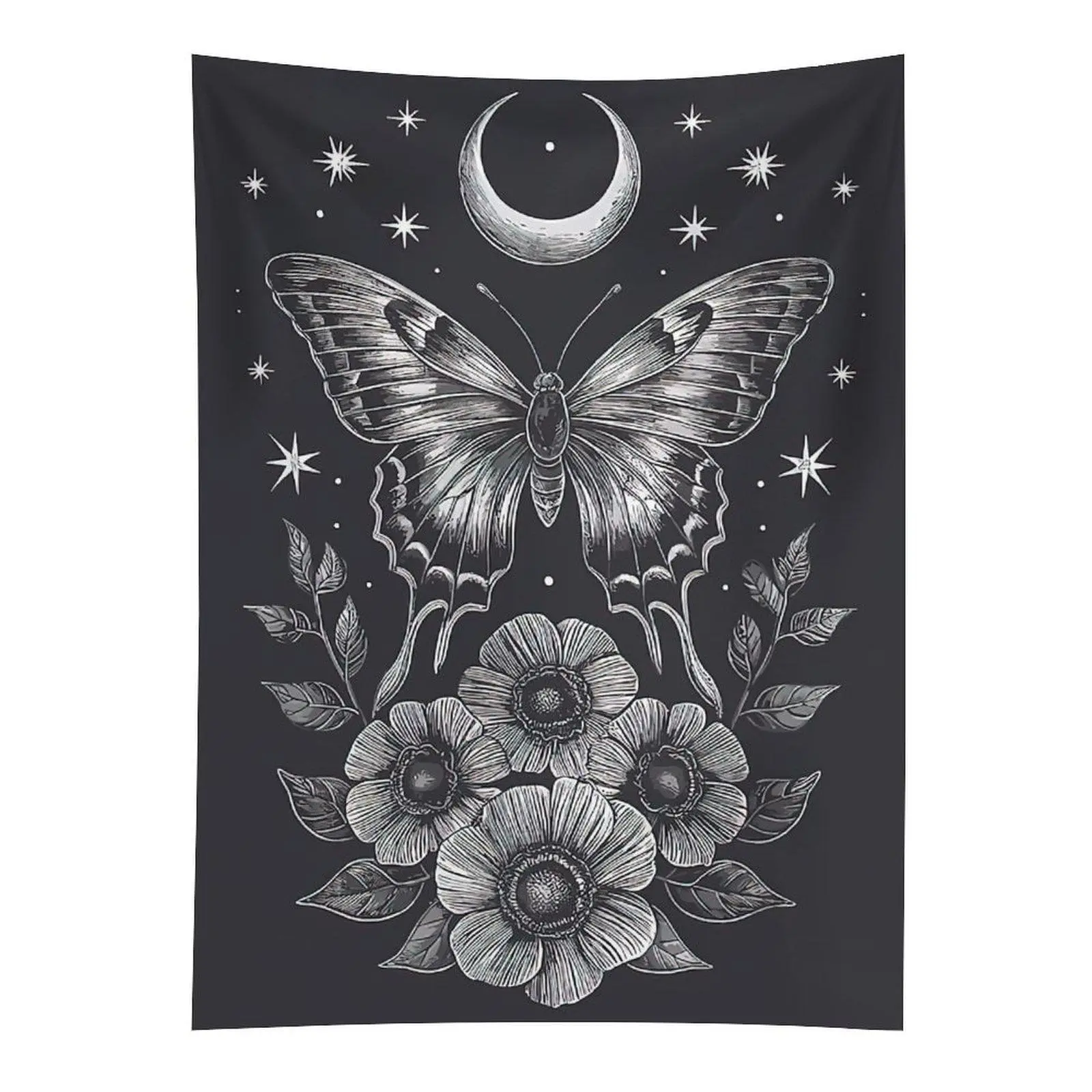 Celestial Butterfly Moon Tapestry Black White Gothic Floral Wall Decor
