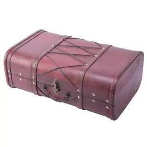 Vintiquewise Faux Leather Rustic Pirate-Style Vintage Wooden Lockable Storage Box, 6.5x16x10.25 in Cherry Finish, Crisscross X Design, Lockable Latch (Luggage Storage Solution)
