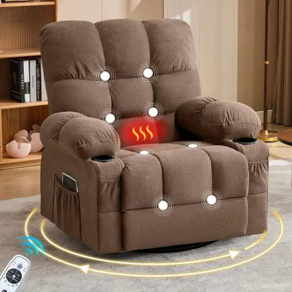 Massage Swivel Recliner Chair for Adults, 350LBS Oversized Recliner with Vibration & Lumbar Heat, 360° Rocking Recliner Chair, USB Charger & Cup Holders for Living Room, Office(Brown)