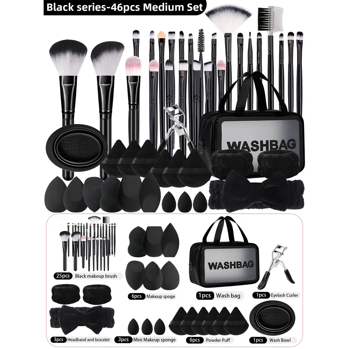 Professional Makeup Brush Kit - 46-Piece Beauty Products Set with Storage Bag, 15 Puffs, Cleaning Bowl, Eyelash Clip, 2 Facial Wrist Bands, Headband for Cosmetic Tool Organization, Makeup Brushes Set, Flawless