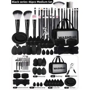 46 piece professional makeup tool set novice makeup tool set includes 25 makeup brushes,15 makeup puffs,,1 makeup brush cleaning bowl,1 waterproof makeup bag, wash bag, for storing cosmetics and tools,1 eyelash clip, 2 facial wrist bands,1 makeup headband