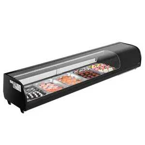 VEVOR 82L (2.9 Cu.ft) Commercial Stainless Steel Cooling Sushi Display Refrigerator, 5-Pan Countertop Showcase, Curved Tempered Glass, Sliding Door, LED Lighting, Digital Control for Sushi-Bars, Restaurants