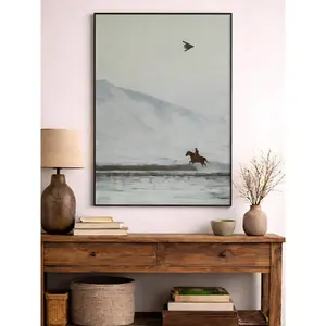 Cowboy on Horse and B2 Spirit Flying Satin Poster - America - Western - Mountain - Gift for Men and Women