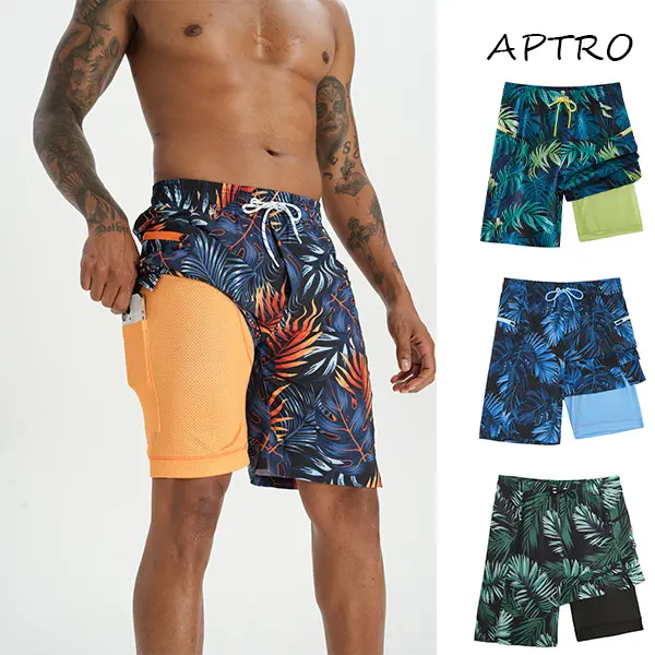 APTRO Men's 9-Inch Swim Trunks with Compression Liner, 2-in-1 Quick Dry Board Shorts with Zipper Pockets, 4-Way Stretch, Relaxed Fit, for Swimming, Beach and Casual Wear
